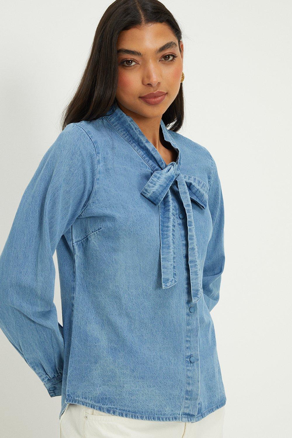 Tops | Denim Pussybow Blouse | Dorothy Perkins